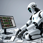 **AI gone wrong:** A confused AI robot struggling with common sense tasks, surrounded by misinterpreted data and abstract concepts. A touch of humor.