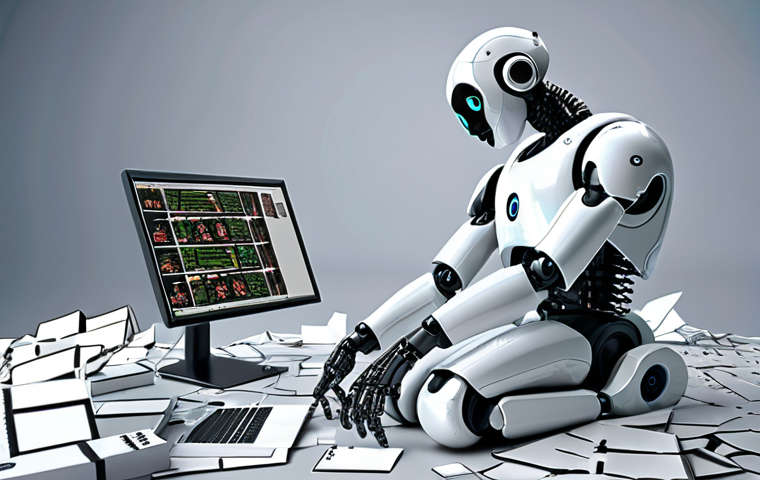 **AI gone wrong:** A confused AI robot struggling with common sense tasks, surrounded by misinterpreted data and abstract concepts. A touch of humor.